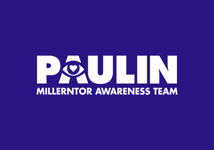 Logo of the 'Paulin Millerntor Awareness Team' on a solid violet background. The logo consists of the word 'PAULIN' in uppercase letters, with the 'A' replaced by a symbol resembling an eye, surrounded by a triangle and a circle. Below the main text, the inscription 'MILLERNTOR AWARENESS TEAM' is in smaller letters.