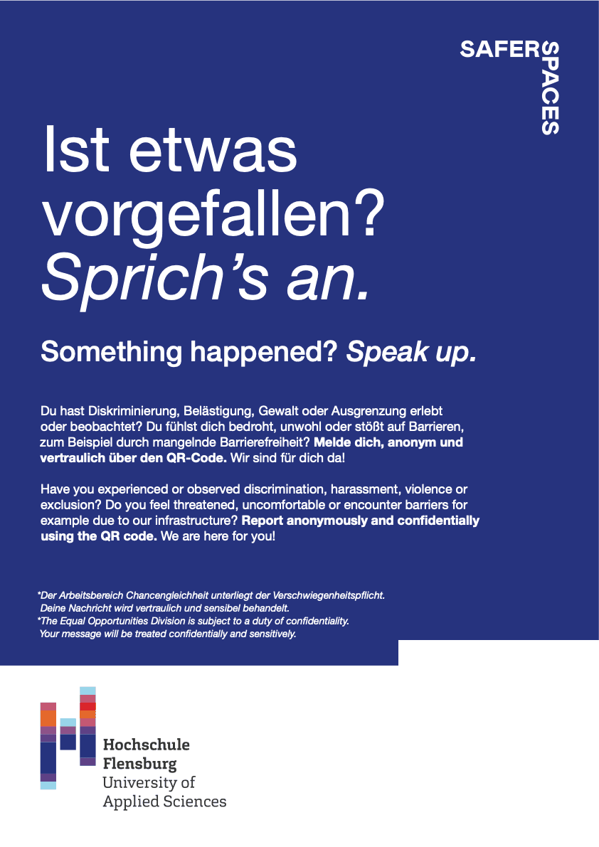 Hochschule Flensburg poster reading “Something happened? Speak up.” with a QR code for anonymous reporting.