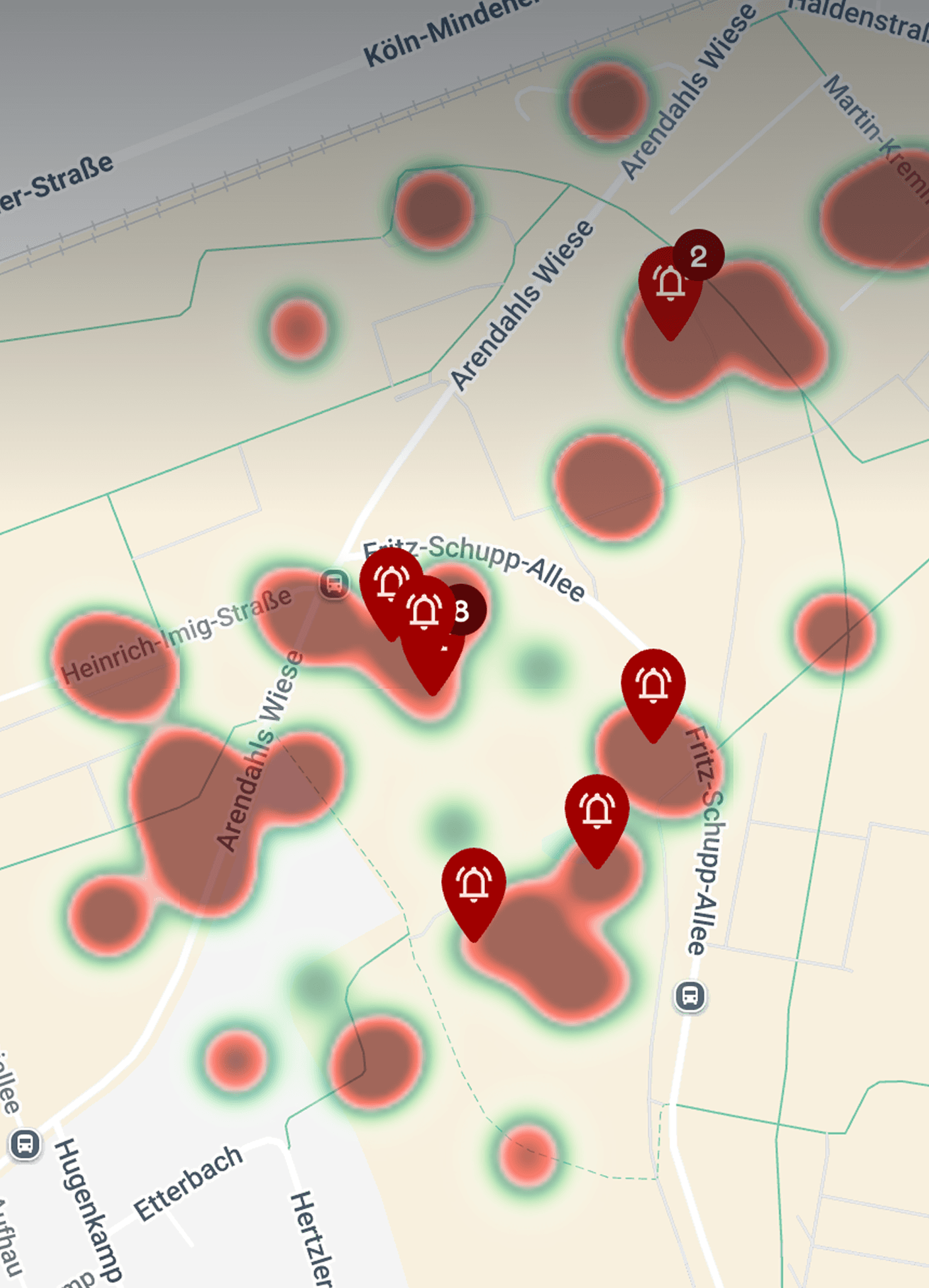 Map with red markers and heatmap, shows alarm locations around Fritz-Schupp-Allee in a residential area.