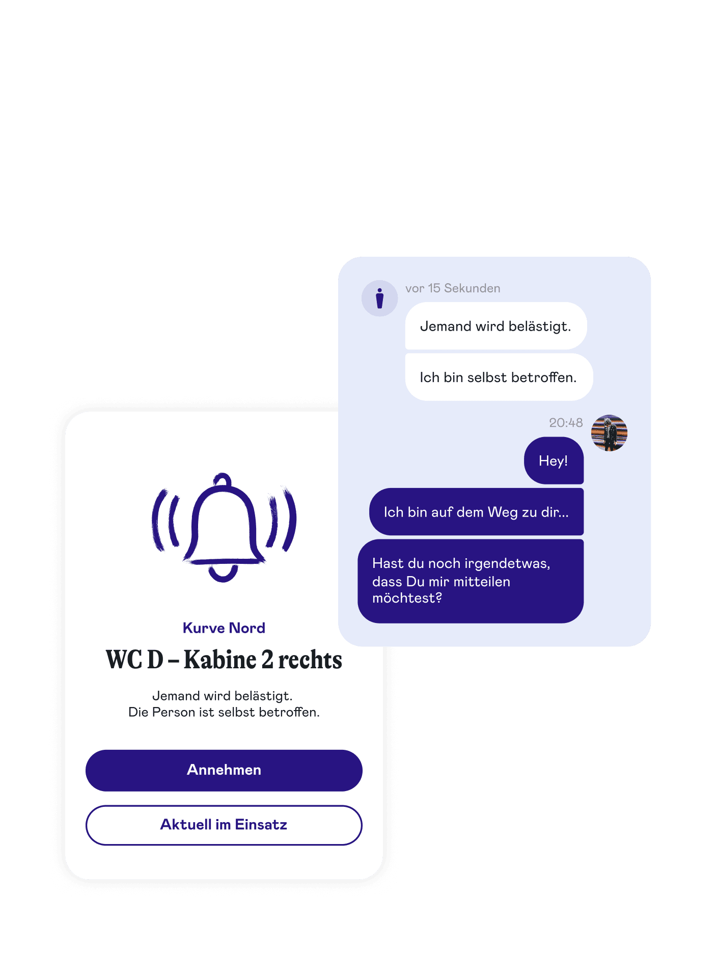 Two screenshots: Notification about harassment in WC D, cabin 2 right; Chat shows help offer and request for further information.