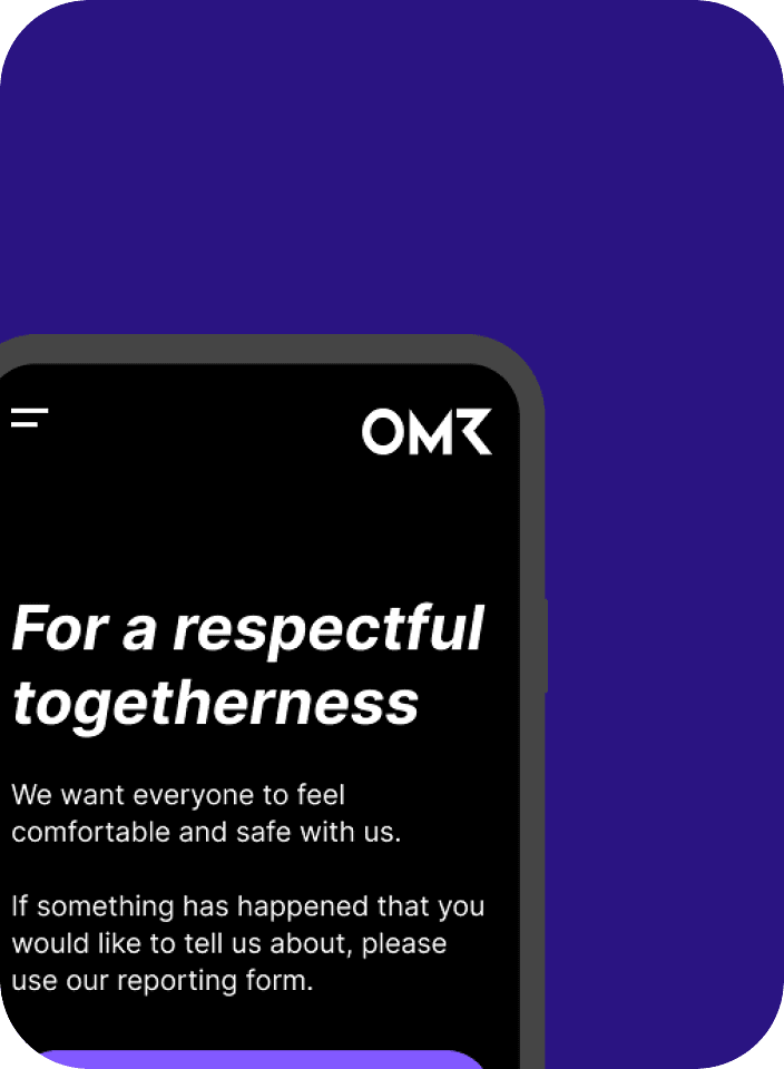 OMR logo and name in white text on a black background. „For a respectful togetherness“ in large letters.