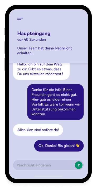Ein geöffneter Chat ist zu sehen. Oben steht 'Haupteingang'. Vor 48 Sekunden. Unser Team hat deine Nachricht erhalten. Darunter sind ein paar Nachrichten zu sehen.