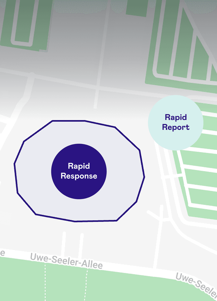 Two circles with the texts "Rapid Response" and "Rapid Report" on a stylized map at Uwe-Seeler-Allee.