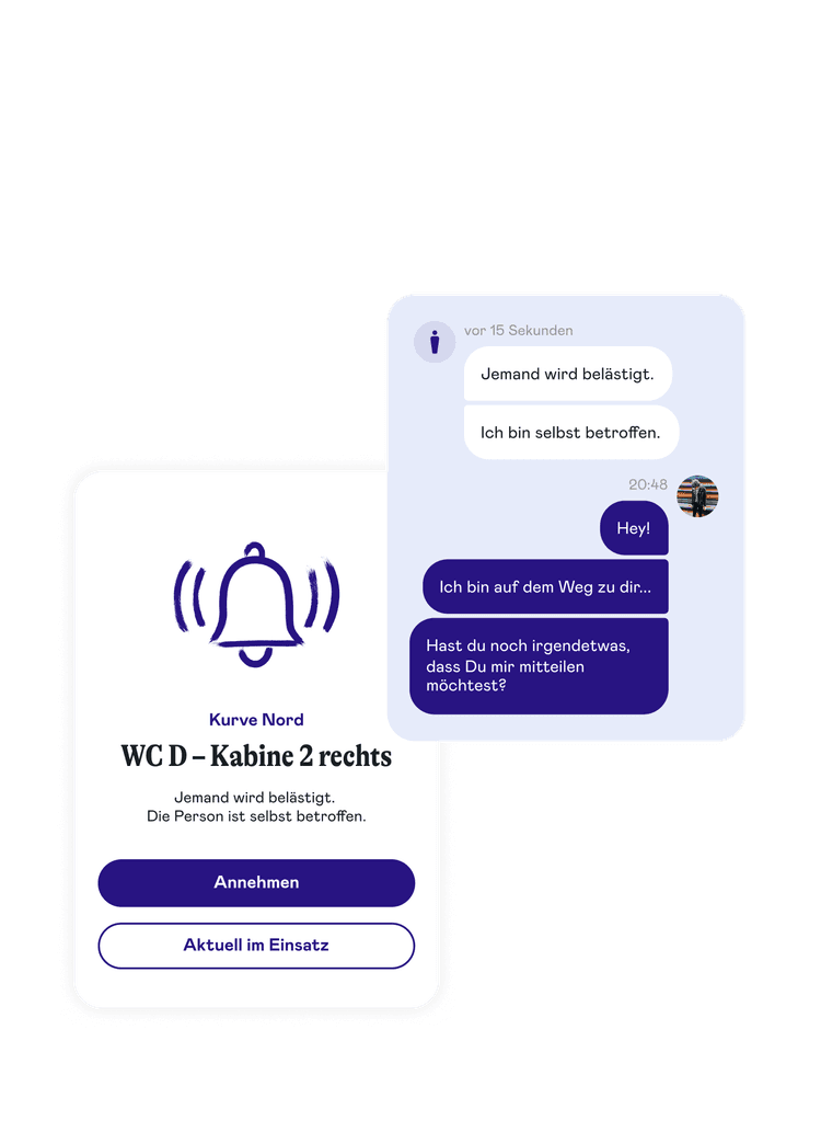 Two screenshots: Notification about harassment in WC D, cabin 2 right; Chat shows help offer and request for further information.