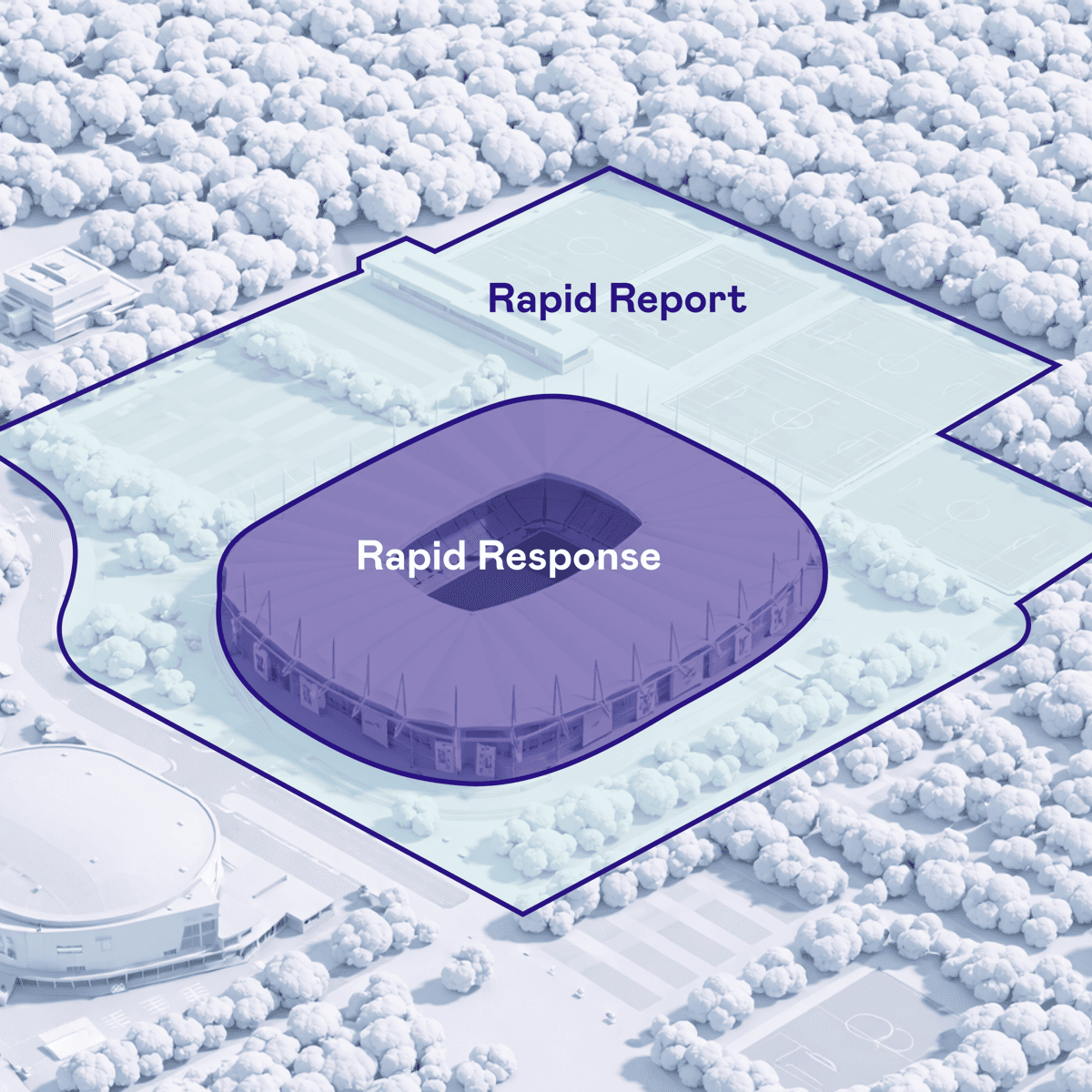 3D aerial illustration of a stadium venue showing two concentric coverage zones. The outer zone labeled 'Rapid Report' spans the entire venue grounds, the inner zone 'Rapid Response' covers the stadium itself.