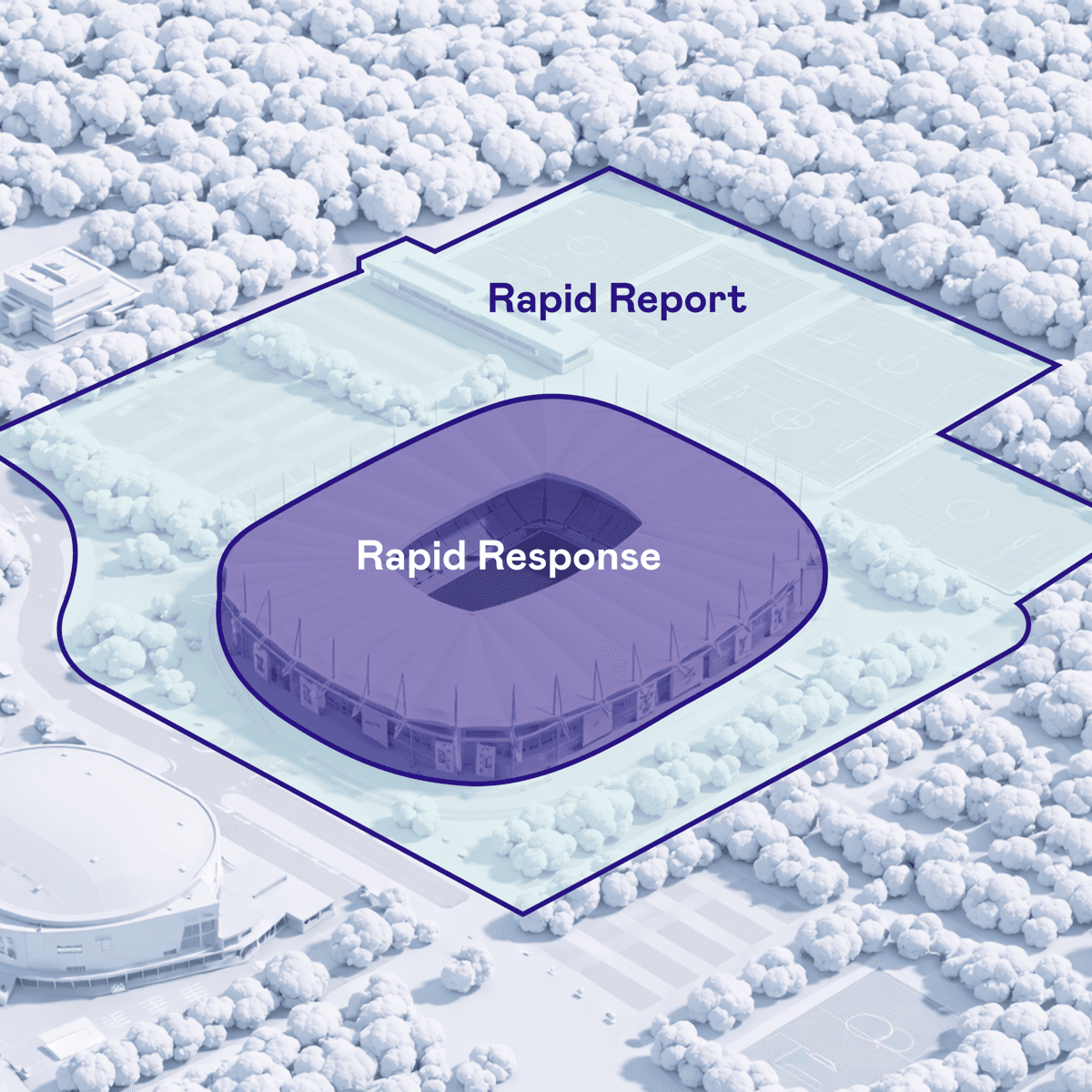 3D-Illustration eines Stadions mit Geofencing-Bereichen fuer Rapid Response.